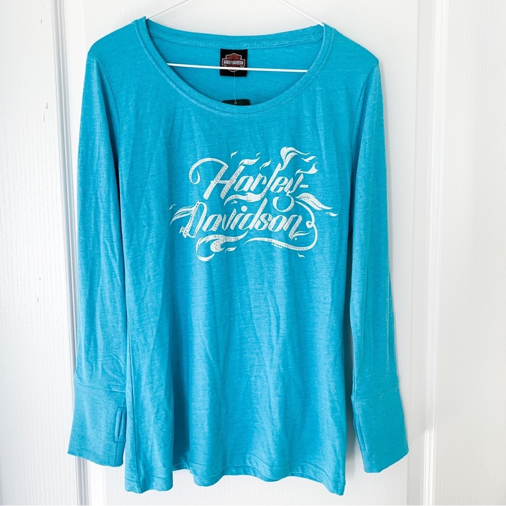 NWT Harley Davidson blue long sleeve rhinestone shirt size S/M
